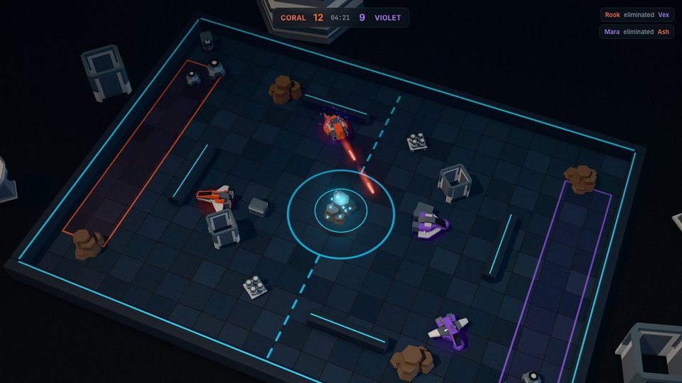 Felix Arena style frame: a walled arena seen from above, with Coral and Violet hover-craft trading shots