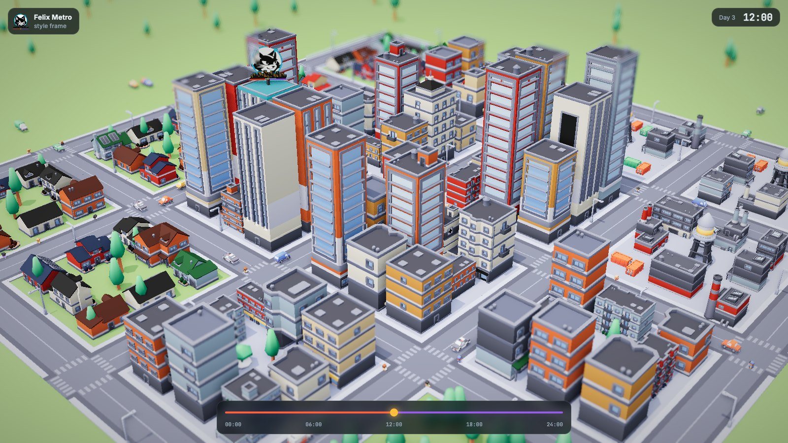 Felix Metro style frame at noon: suburbs, downtown towers and an industrial district on a road grid, seen from above through a tilt-shift lens, with the time-of-day slider