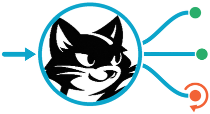 Felix Webhook Relay mark: the Felix cat with one webhook coming in and three deliveries going out, one retrying